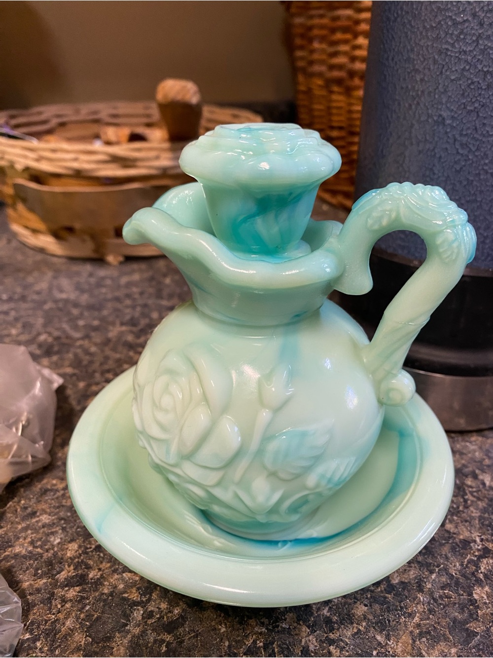 AVON JADEITE GREEN SWIRL MILK GLASS VICTORIAN ROSE PITCHER STOPPER BOWL